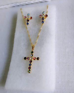 CONJUNTO EM SEMI JÓIA CRUZ C/ ZIRCÔNIA CRAVEJADA COLORIDA